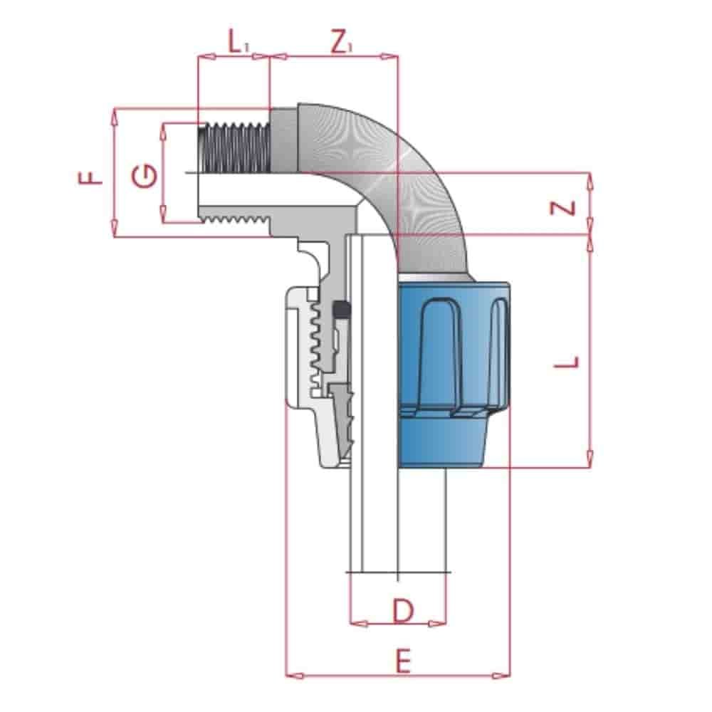 PP PE Pipe Fitting 90° Elbow 20 x 1/2" M-0