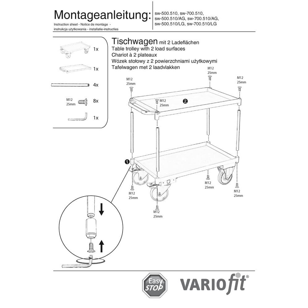 Table cart with 2 levels, tray edge 40 mm high + EasySTOP-1