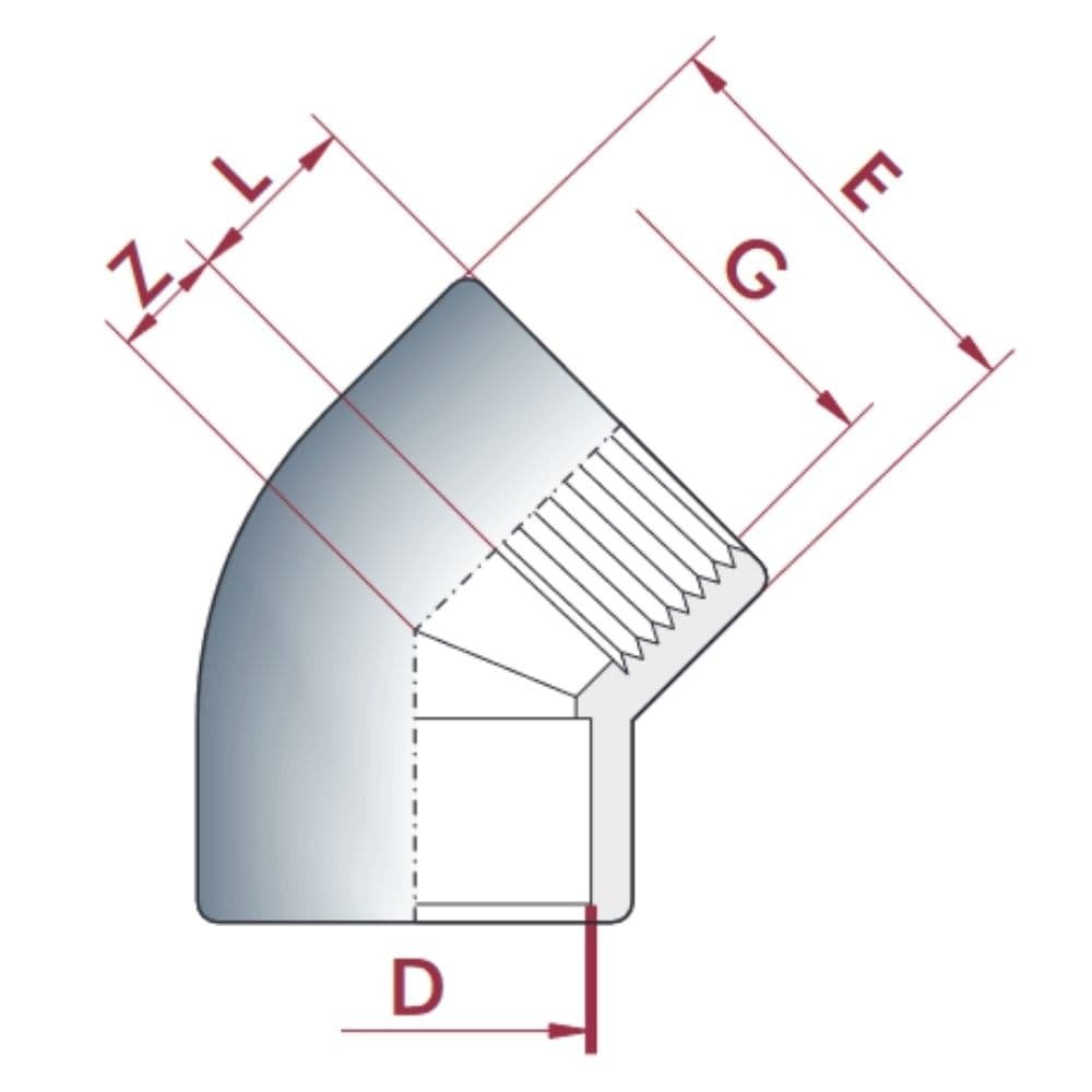 PVC-U 45° Elbow Socket x Female Thread 20 mm x 1/2" PN10-0