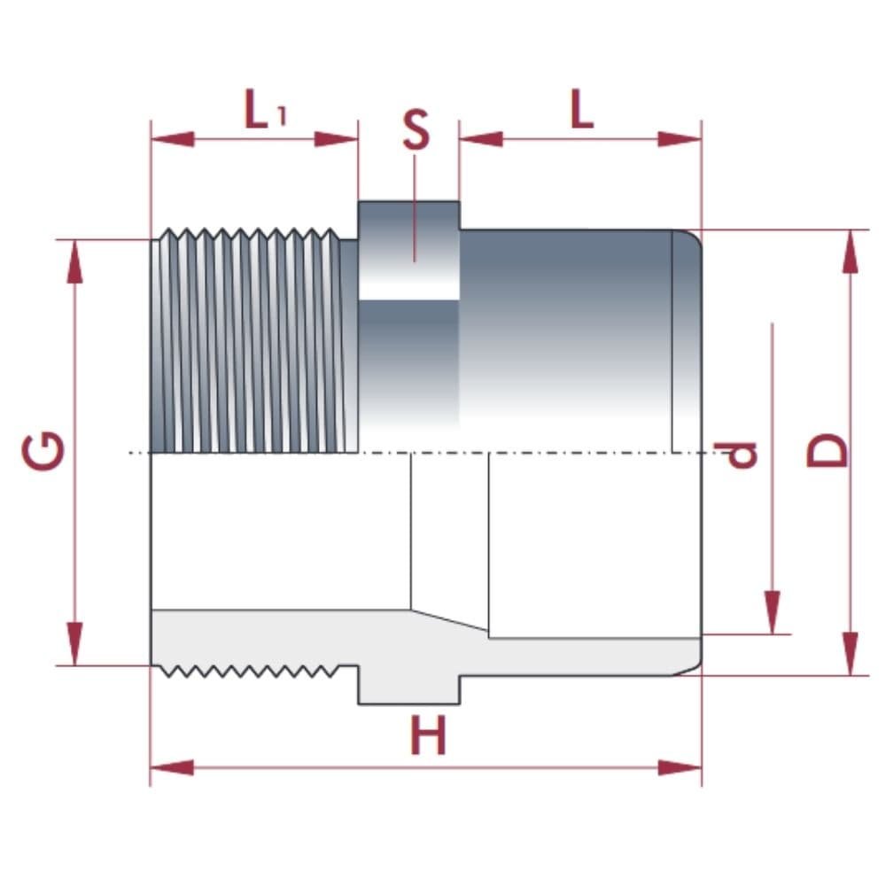 PVC-U Transition Socket x Male Thread 50-40mm x 1 1/2" PN10-0