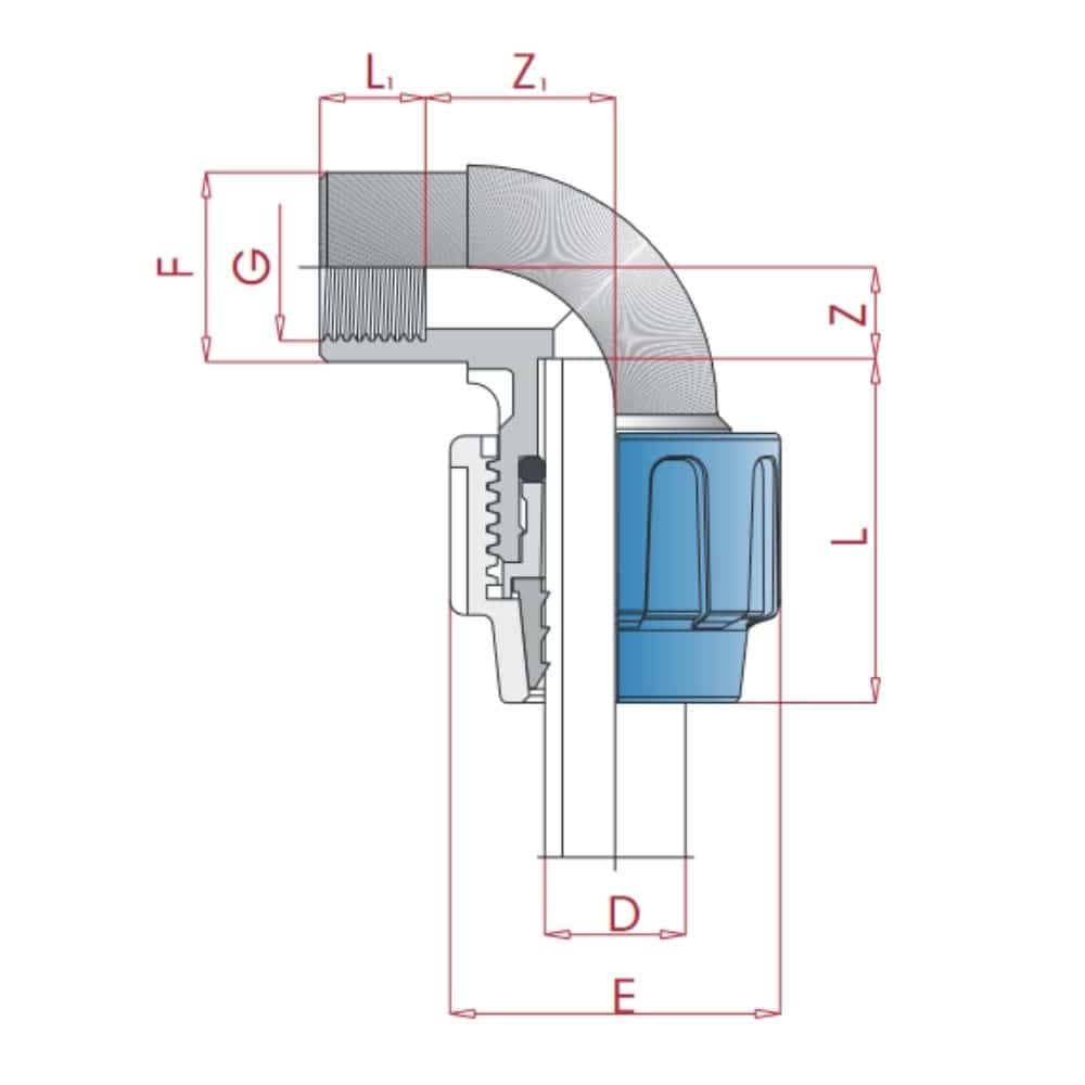 PP PE Pipe Fitting 90° Elbow 16 x 1/2" IG-0