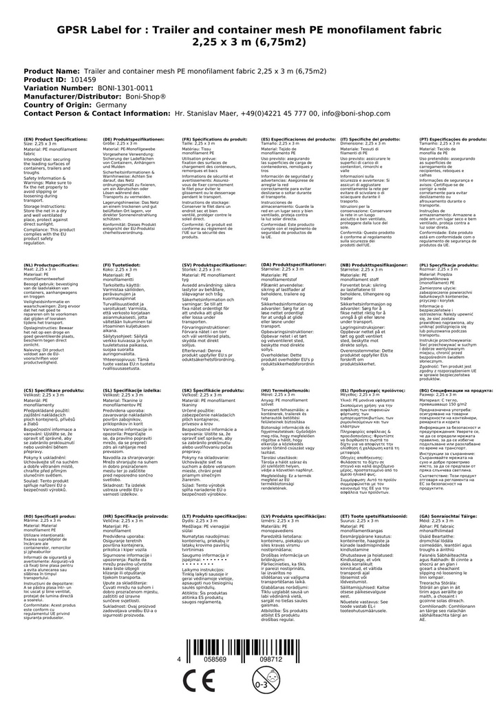 Anhänger- und Containernetz PE-Monofilgewebe 2,25 x 3 m (6,75m²)-1