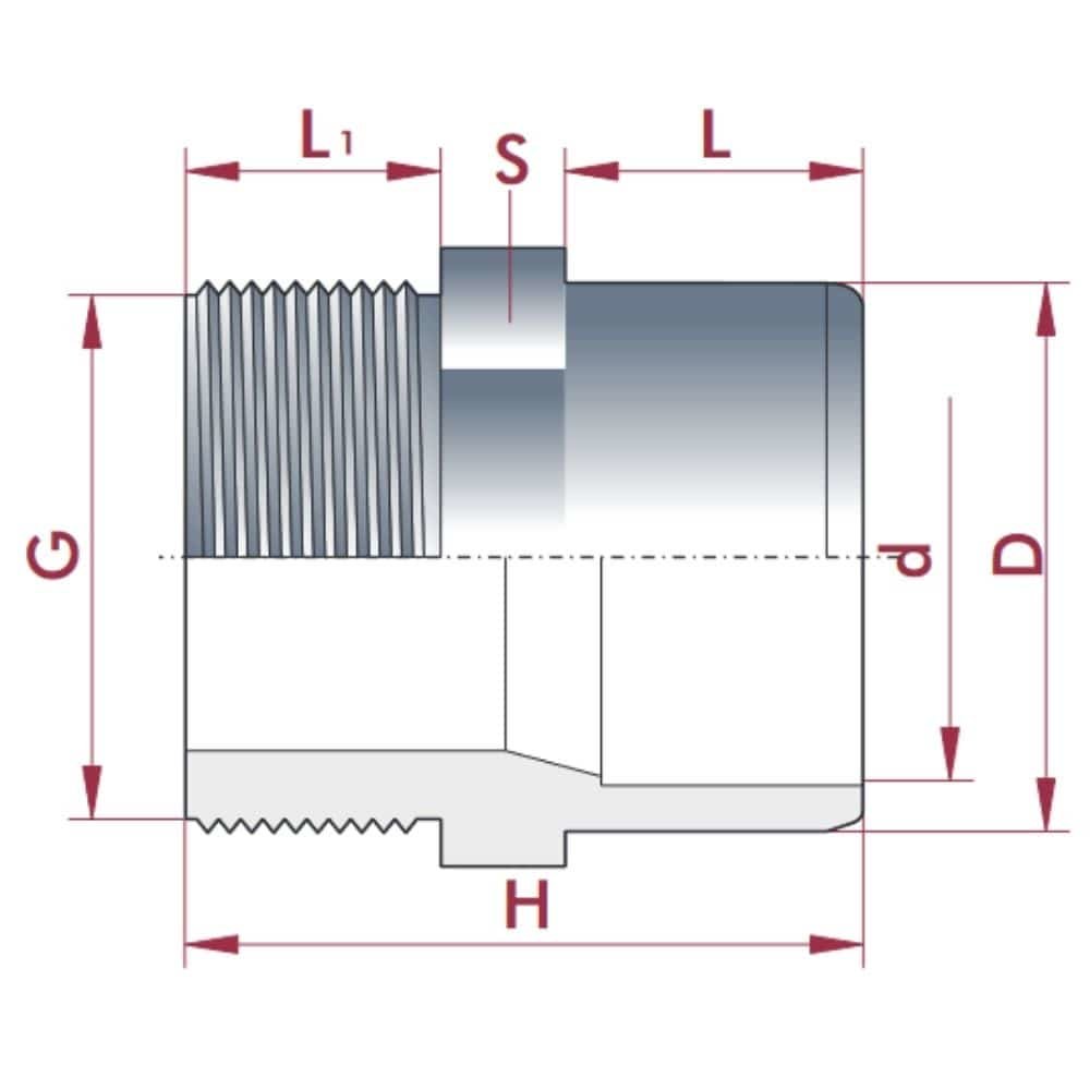 PVC-U Transition Socket x Male Thread 40-32mm x 1" PN10-0