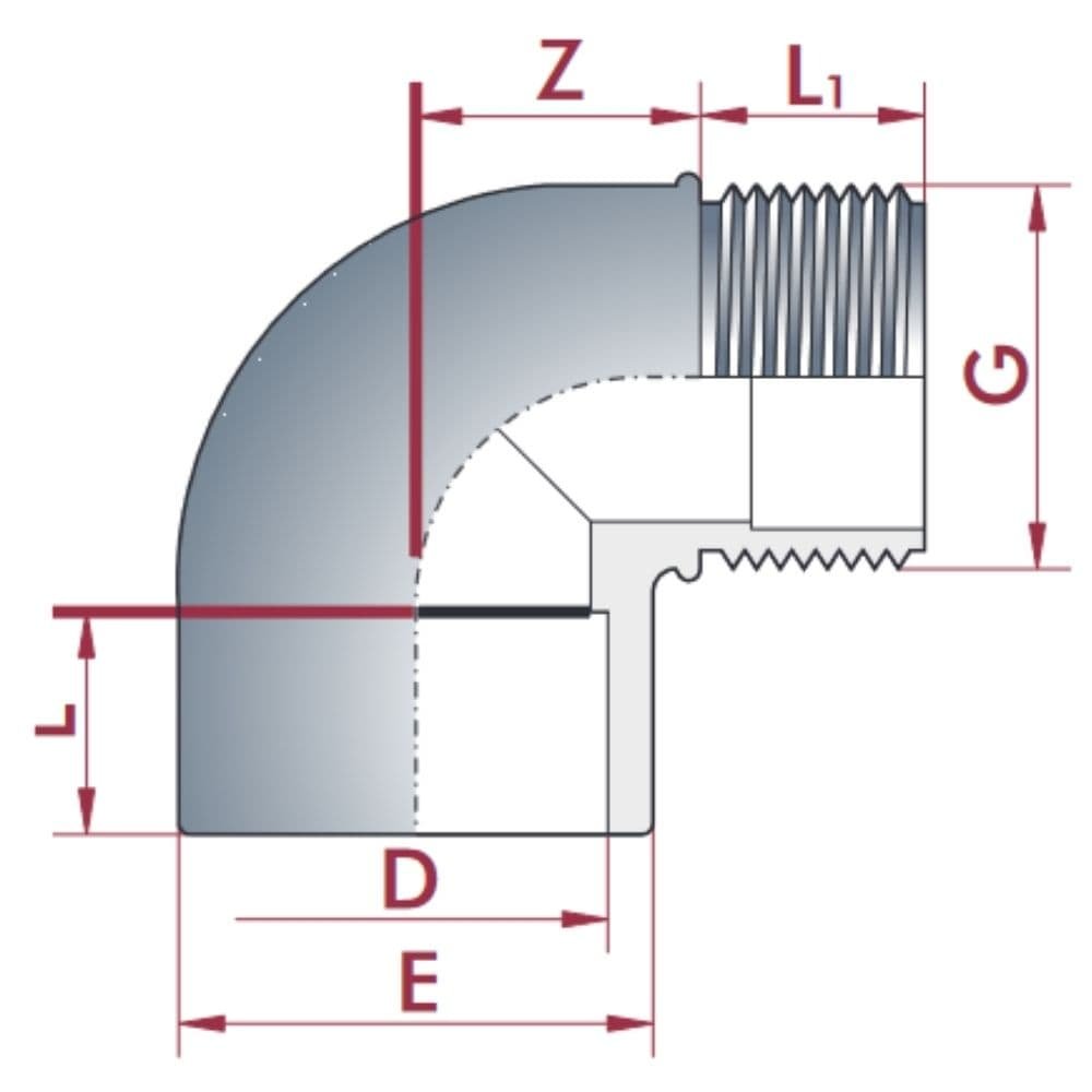 PVC-U 90° Elbow Socket x Male Thread 50 mm x 1 1/2" PN10-0