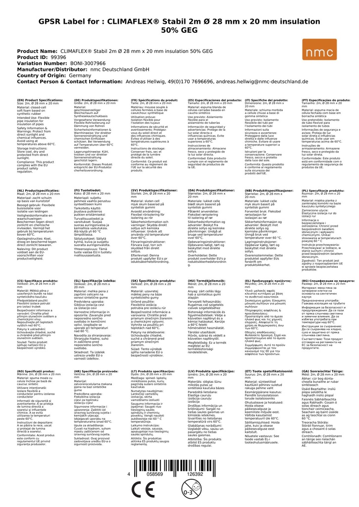 CLIMAFLEX® Stabil 2m Ø 28 mm x 20 mm Insulation 50% GEG-1