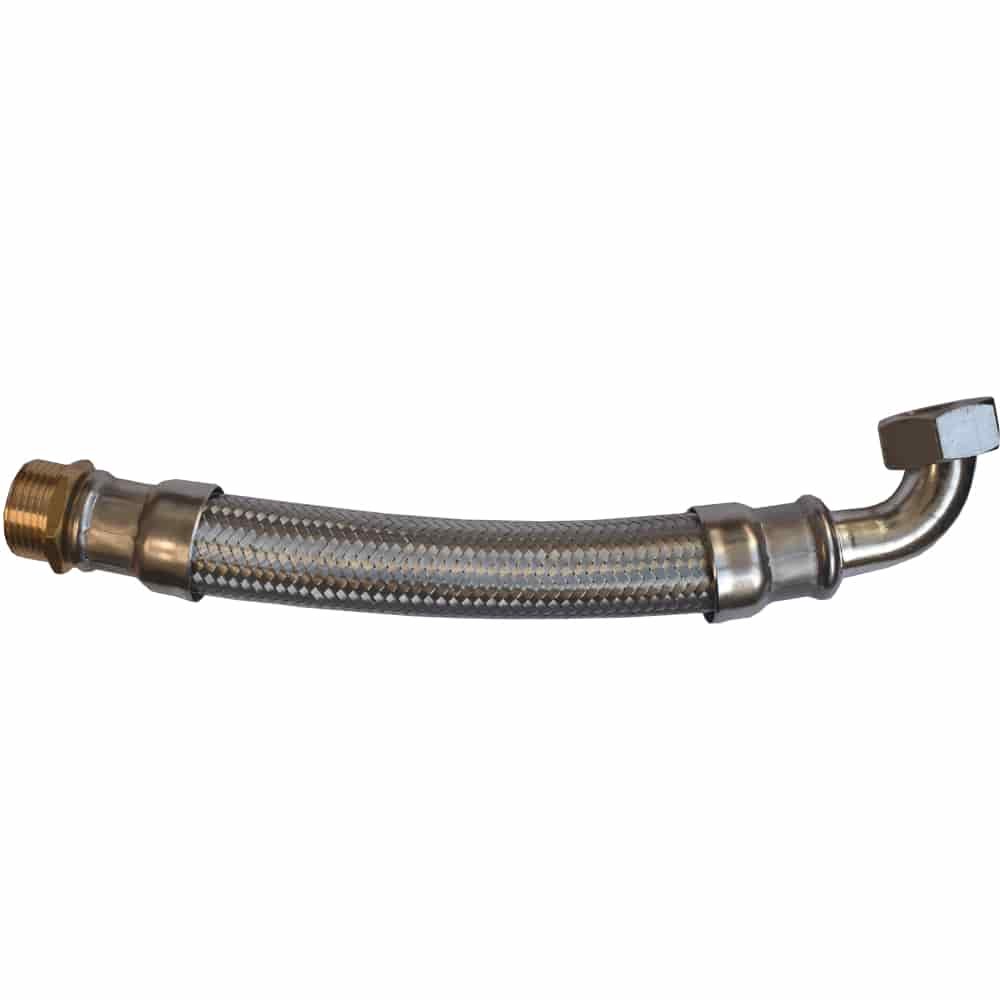 DN25 DVGW armored hose with stainless steel braid 1" male thread x 1" female thread elbow 500 mm