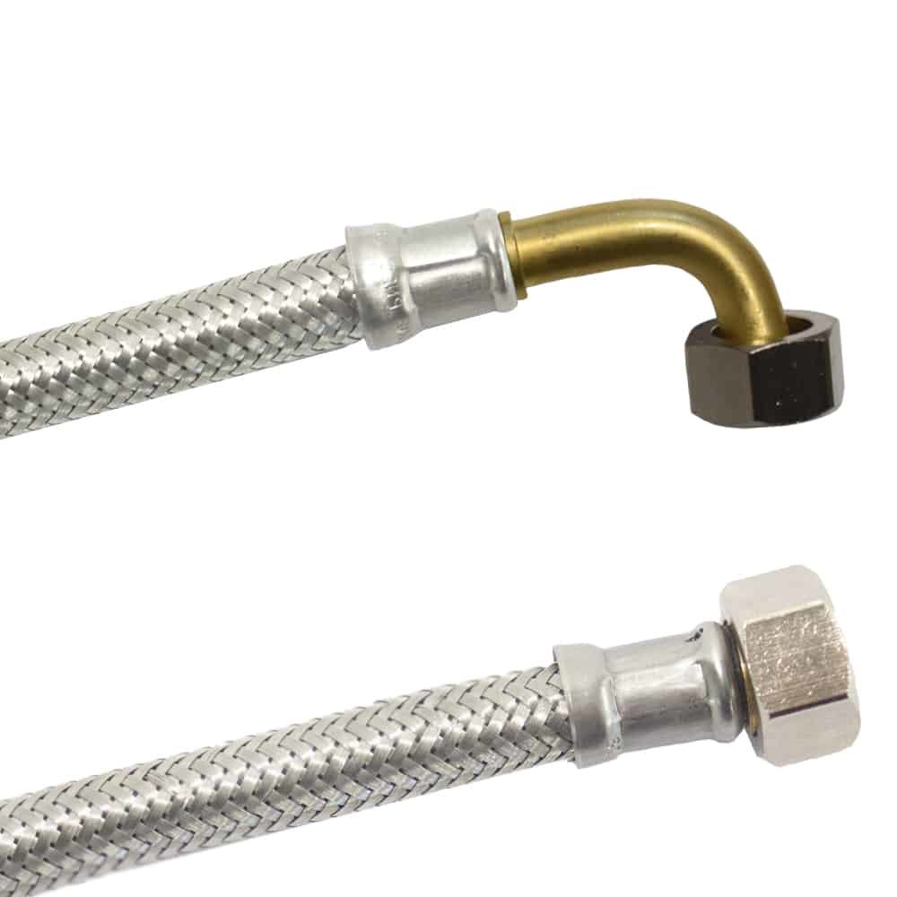 DN8 DVGW armored hose with stainless steel braid 3/8" male x 3/8" male with bend 1500 mm