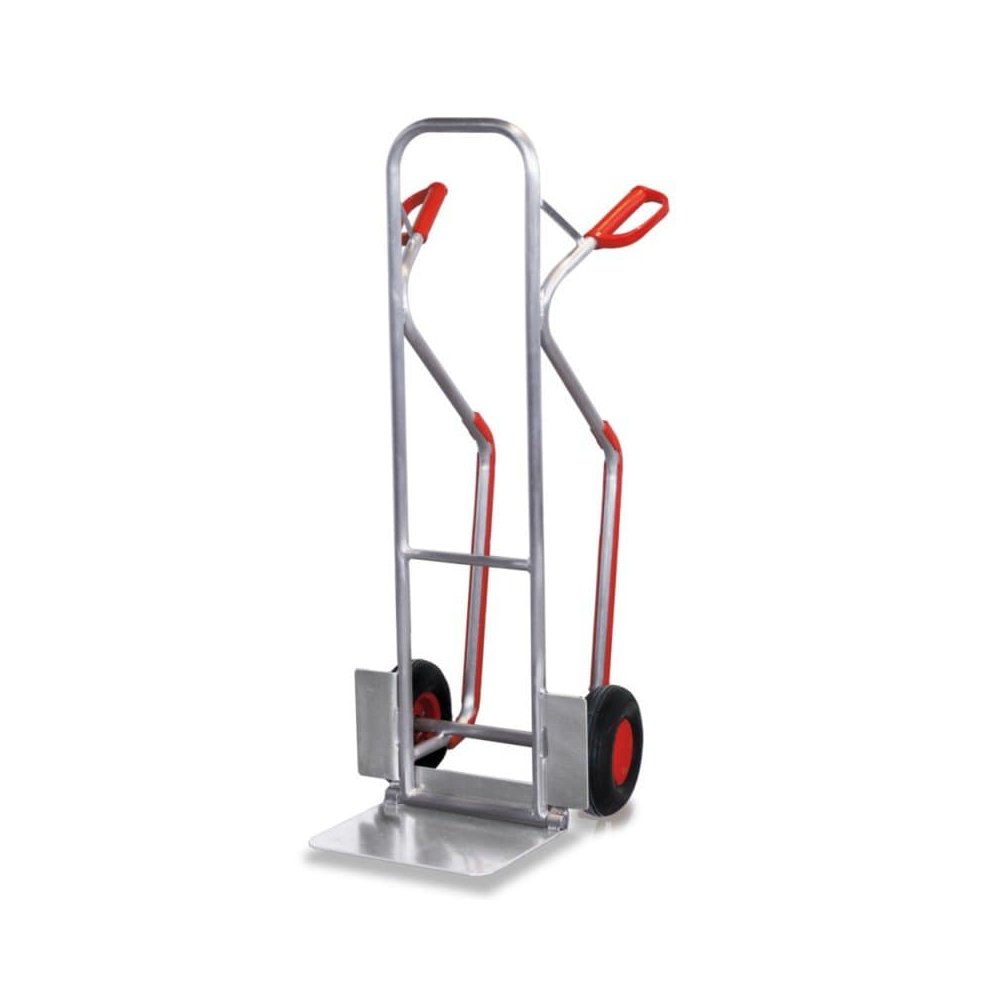 Aluminum Stacking Trolley 200 kg with Folding Shovel Glide Skids Pneumatic Tires 550 x 640 x 1300 mm