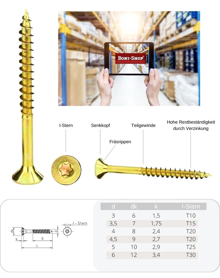 Chipboard screws 3.0 x 35 mm 1000 pieces with I-star, countersunk head, partial thread and milling ribs under the head-3